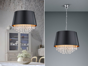 LED Pendelleuchte mit Stoffschirm Schwarz Gold & Kristall Ø 50cm