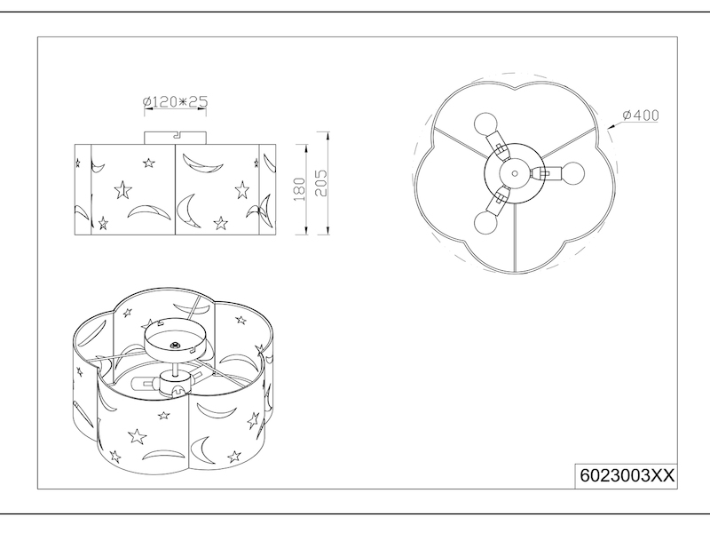 Runde Deckenleuchte Ø 40cm MOONY in weiß, Stoffschirm mit Mond + Sternen Design