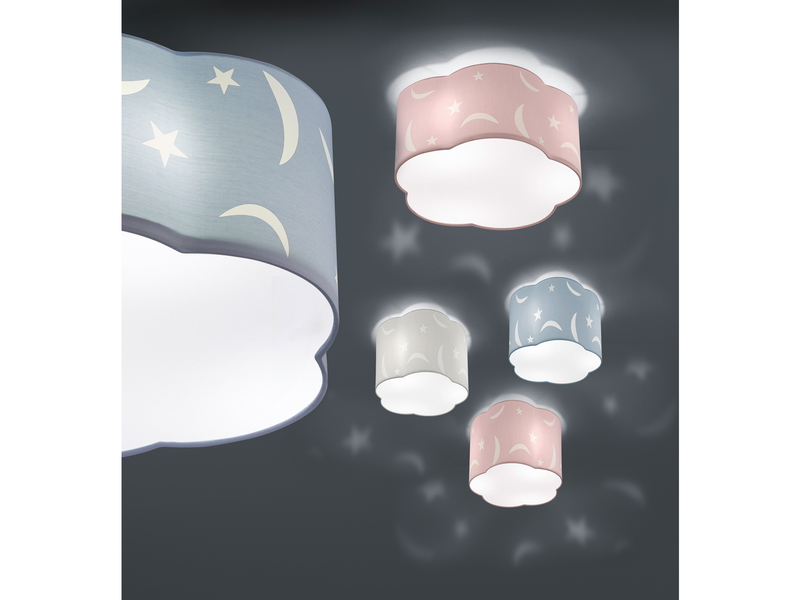 LED Deckenleuchte rund Ø40cm in pastellblau, Stoffschirm mit Mond + Sternen