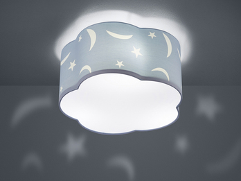 LED Deckenleuchte rund Ø40cm in pastellblau, Stoffschirm mit Mond + Sternen