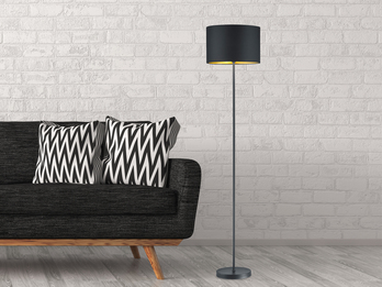 Moderne Stehleuchte HOSTEL mit Lampenschirm aus Stoff in Schwarz & Gold H: 160cm