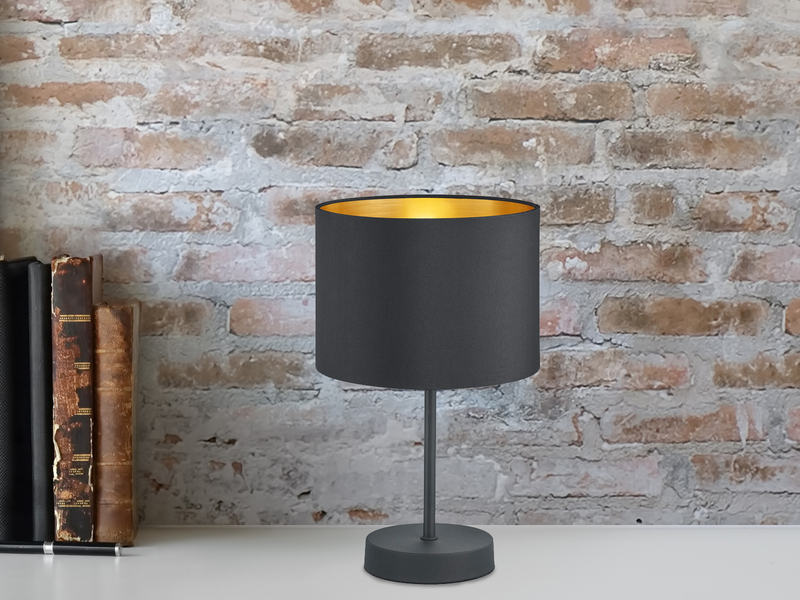 Tischleuchte HOSTEL Stoff Lampenschirm Schwarz & Gold, Höhe 33cm