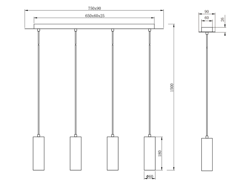 Pendelleuchte MARLEY 4-flammig Metall Silber, Breite 75cm
