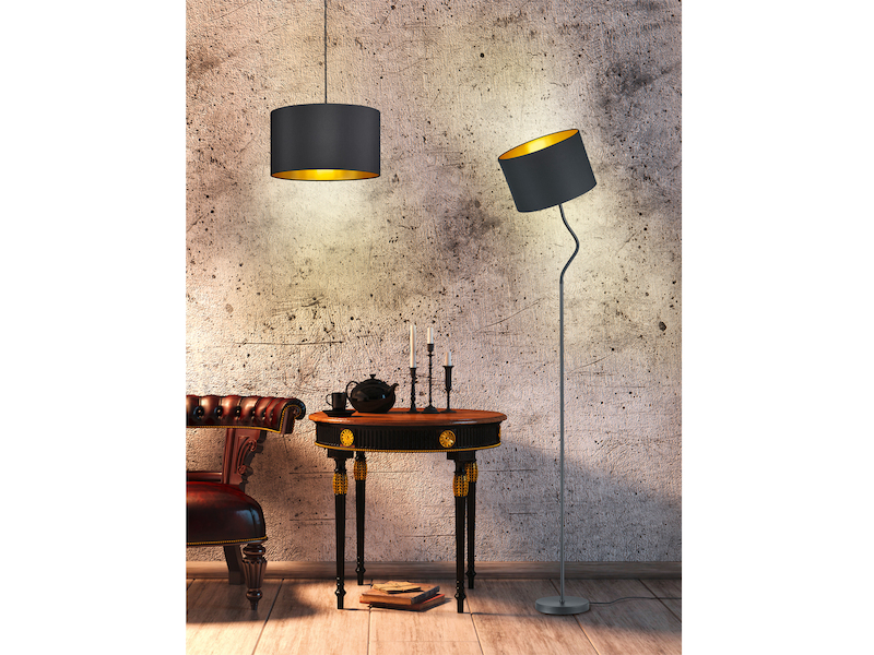 Dimmbare LED Pendelleuchte mit Lampenschirm aus Stoff in Schwarz & Gold, Ø 40cm