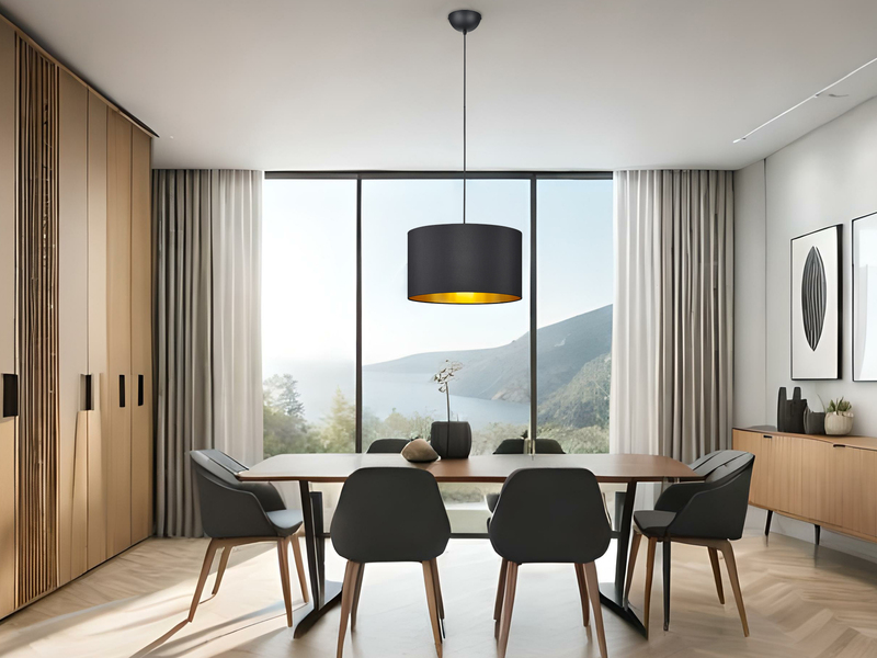 Dimmbare LED Pendelleuchte mit Lampenschirm aus Stoff in Schwarz & Gold, Ø 40cm