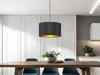 Dimmbare LED Pendelleuchte mit Lampenschirm aus Stoff in Schwarz & Gold, Ø 40cm