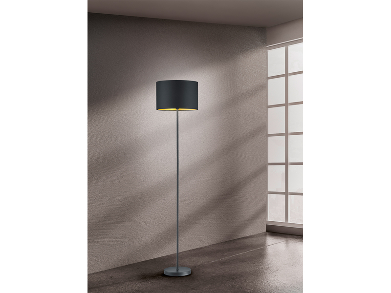 Moderne LED Stehleuchte mit Lampenschirm aus Stoff in Schwarz & Gold Höhe: 160cm