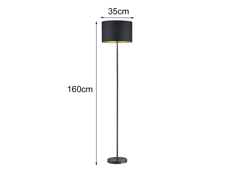 Moderne LED Stehleuchte mit Lampenschirm aus Stoff in Schwarz & Gold Höhe: 160cm