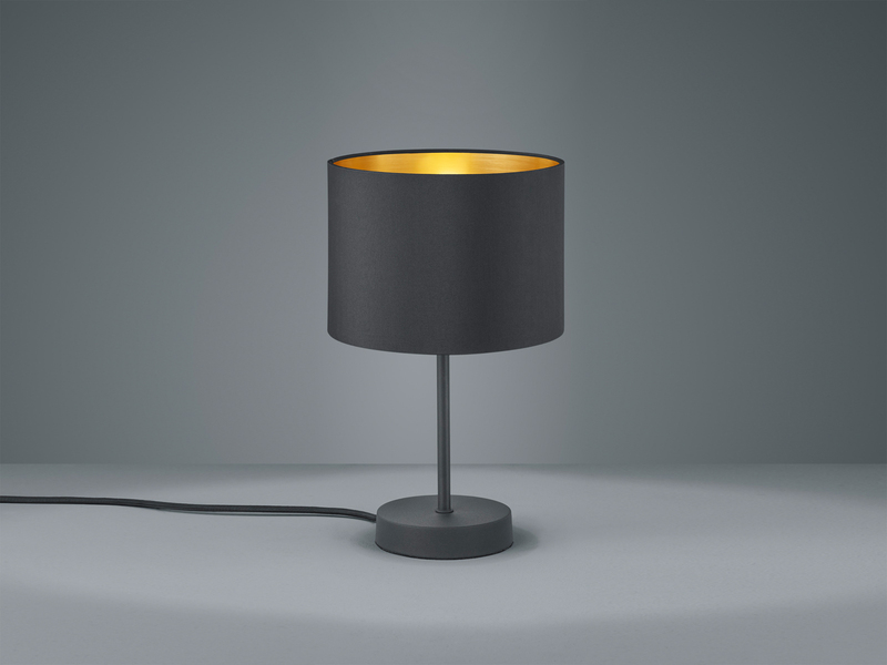 Edle LED Tischleuchte mit Lampenschirm aus Stoff in Schwarz & Gold, Höhe 33cm