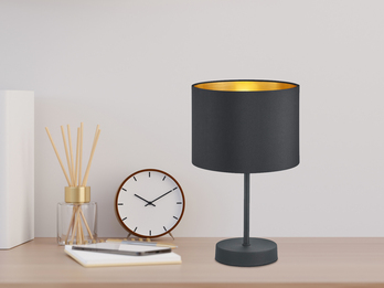 Edle LED Tischleuchte mit Lampenschirm aus Stoff in Schwarz & Gold, Höhe 33cm