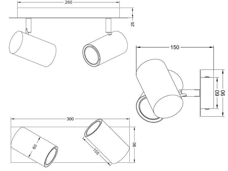 Deckenstrahler MARLEY Schwarz 2-flammig, Breite 30cm