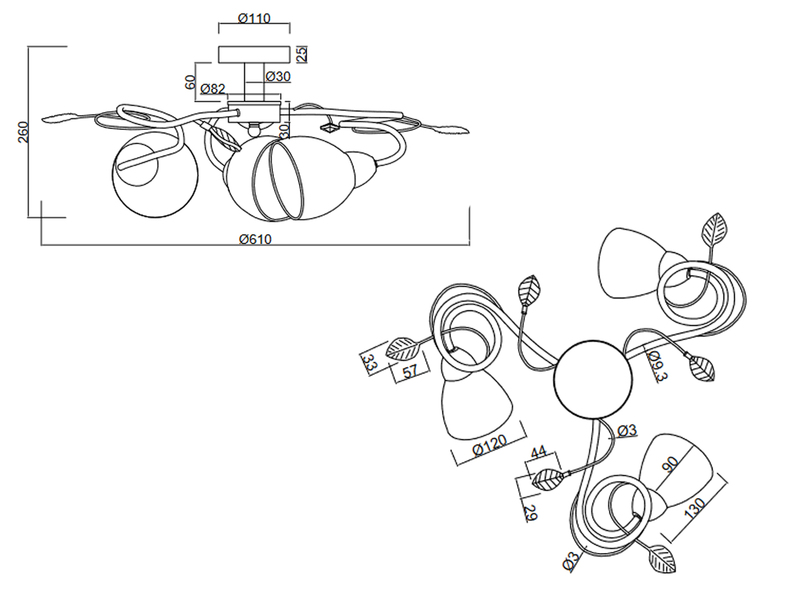3-flammige Deckenleuchte TRADITIO mit Kristall & Blätter Deko Ø 61cm
