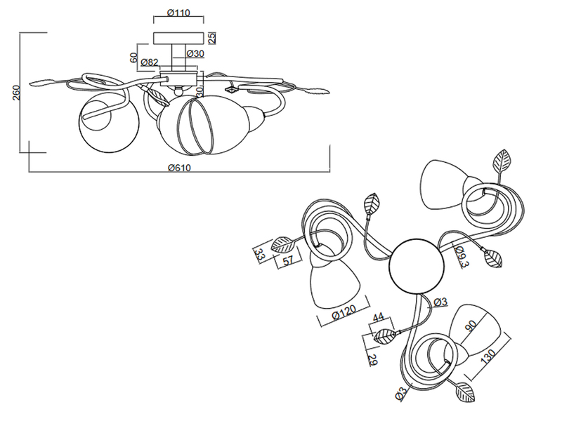 Große Deckenleuchte TRADITIO 3-flammig Landhausstil mit Glasschirmen, Ø 61cm