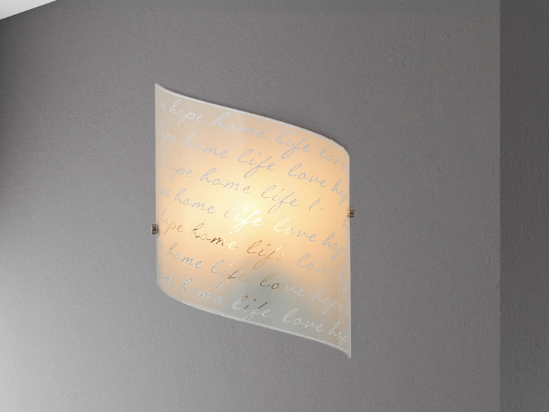 LED Wandleuchte mit Glasschirm satiniert & Schrift Dekor, Höhe 30cm