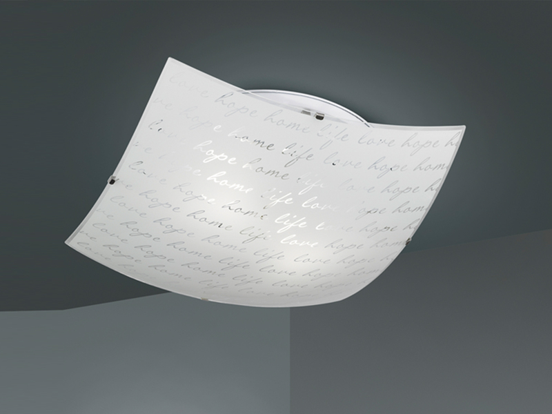 LED Deckenleuchte mit Glasschirm Weiß & Schriftdekor, Quadrat 30cm