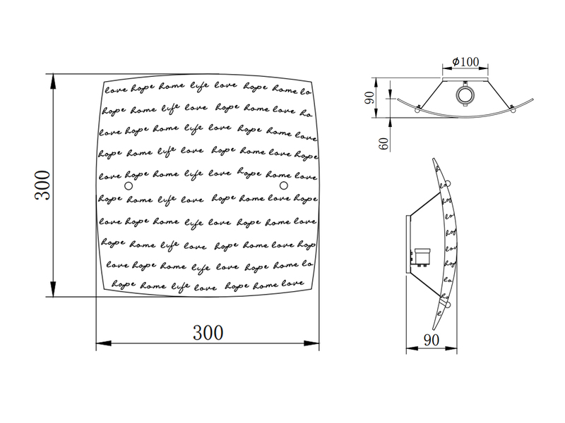 LED Deckenleuchte mit Glasschirm Weiß & Schriftdekor, Quadrat 30cm