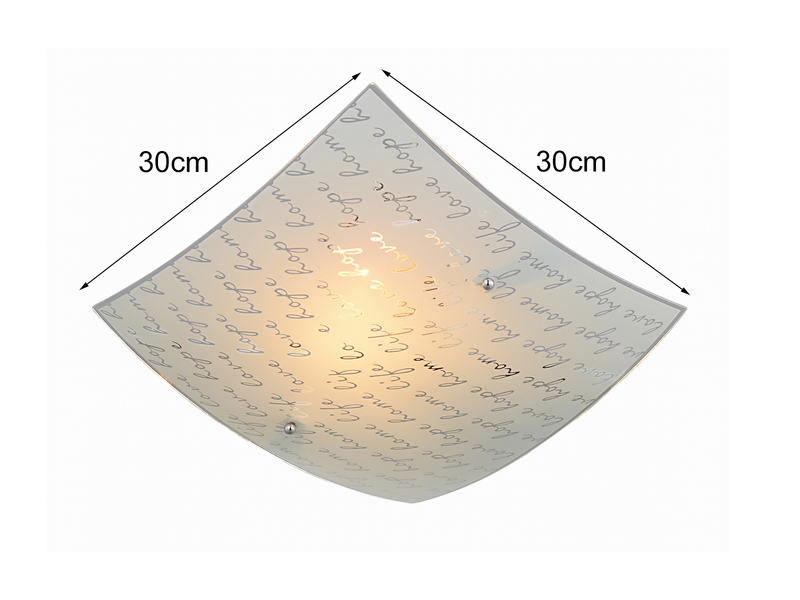 LED Deckenleuchte mit Glasschirm Weiß & Schriftdekor, Quadrat 30cm