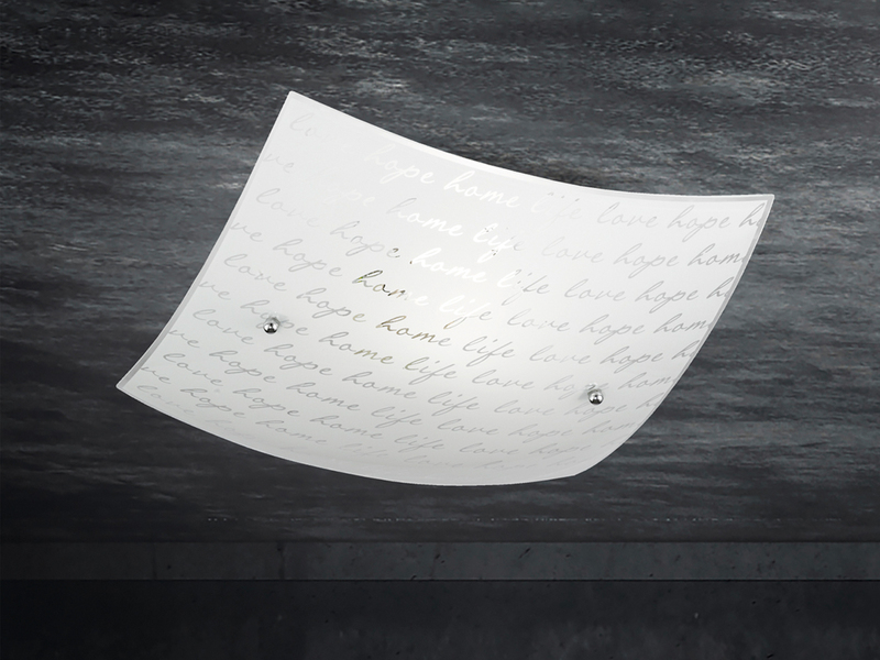 LED Deckenleuchte mit Glasschirm Weiß & Schriftdekor, Quadrat 30cm