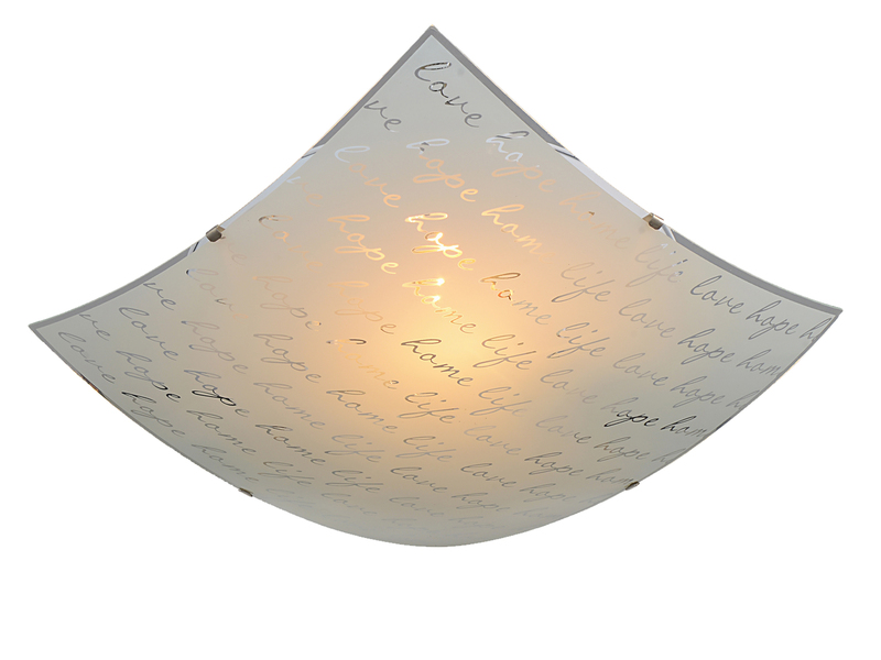 LED Deckenleuchte mit Glasschirm Weiß & Schriftdekor, Quadrat 40cm