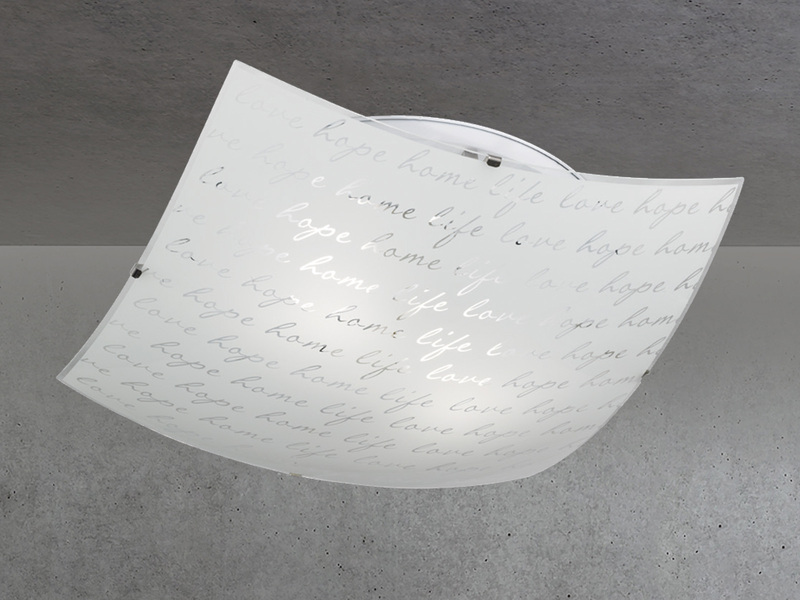 LED Deckenleuchte mit Glasschirm Weiß & Schriftdekor, Quadrat 40cm