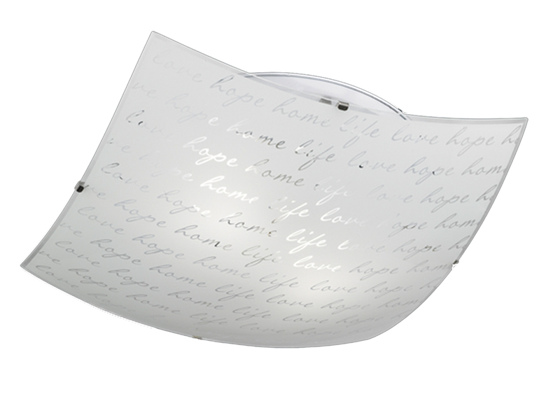 LED Deckenleuchte mit Glasschirm Weiß & Schriftdekor, Quadrat 40cm