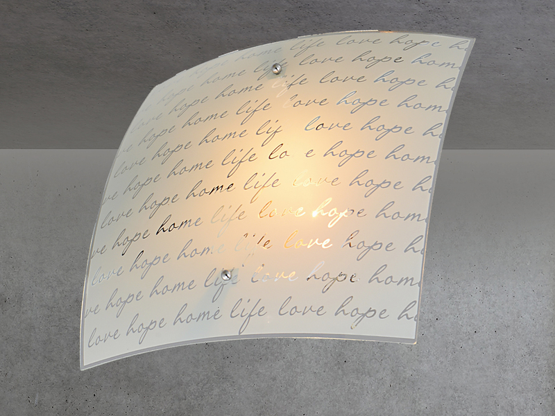 LED Deckenleuchte mit Glasschirm Weiß & Schriftdekor, Quadrat 40cm