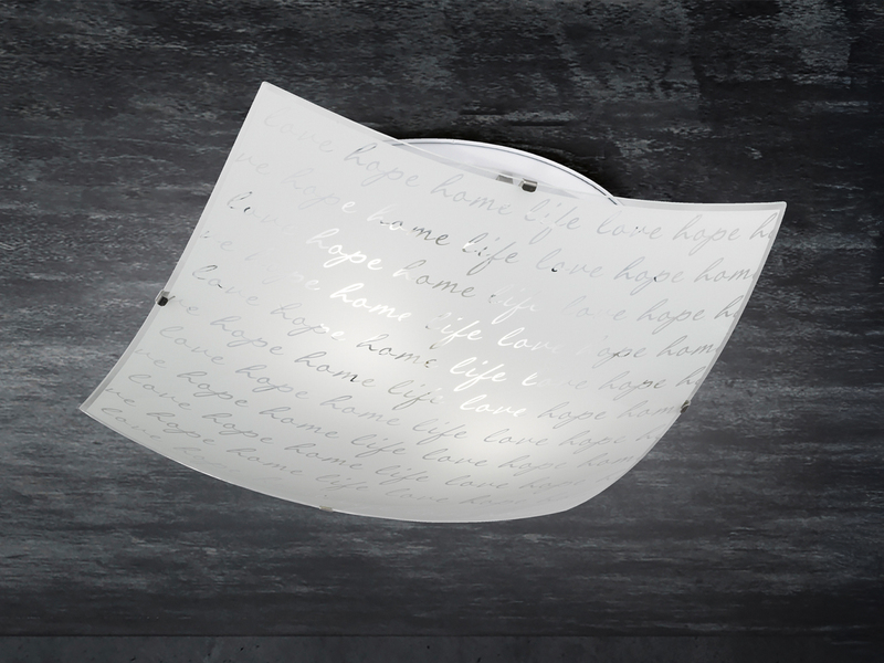 LED Deckenleuchte mit Glasschirm Weiß & Schriftdekor, Quadrat 40cm