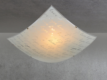 LED Deckenleuchte mit Glasschirm Weiß & Schriftdekor, Quadrat 40cm