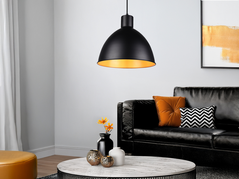 Pendelleuchte TELME Metall Lampenschirm Schwarz Gold, Ø 30cm