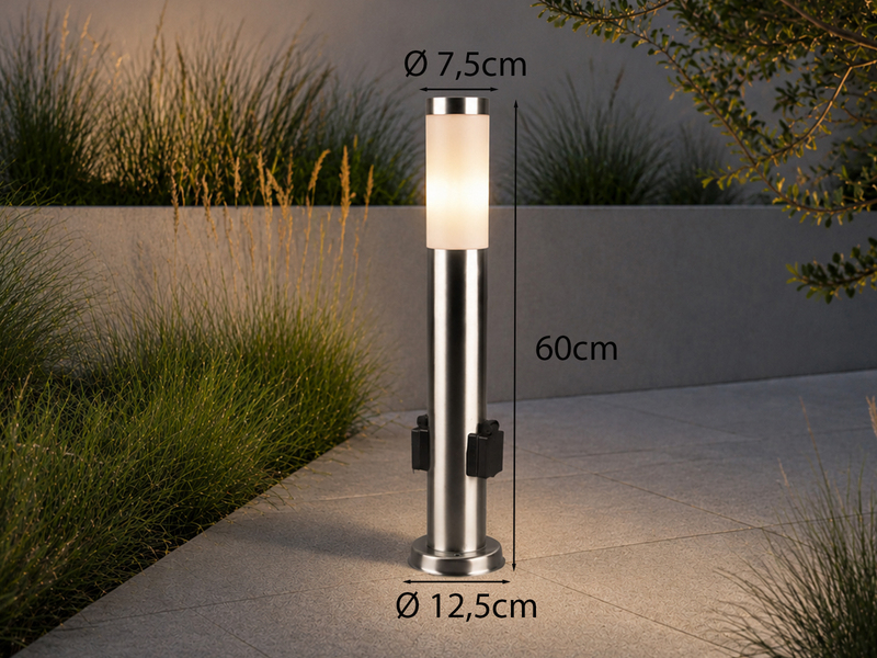 Pollerleuchte RADA aus Edelstahl, E27 mit 2 Steckdosen, Höhe 60cm