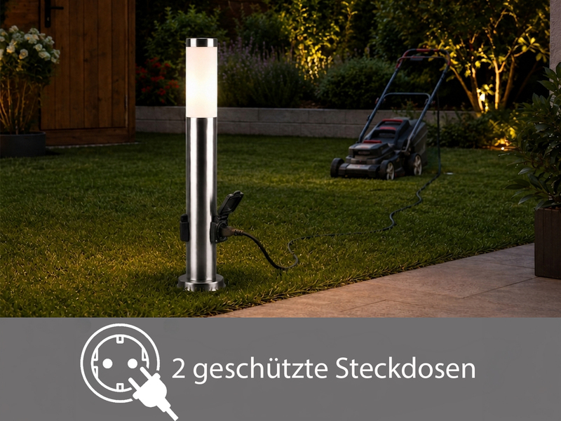 Pollerleuchte RADA aus Edelstahl, E27 mit 2 Steckdosen, Höhe 60cm