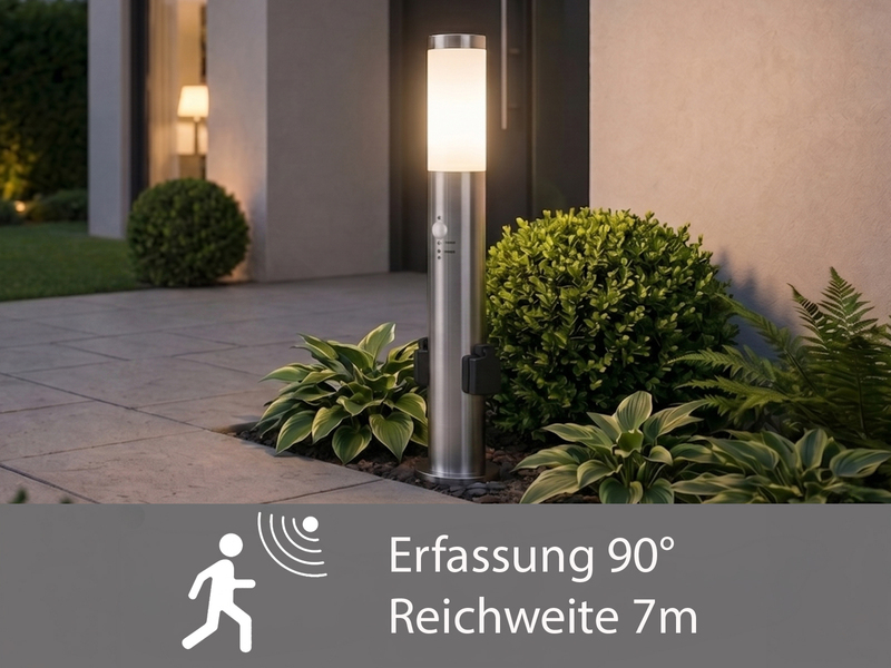 Pollerleuchte RADA aus Edelstahl mit 2 Steckdosen & Bewegungsmelder, Höhe 60cm
