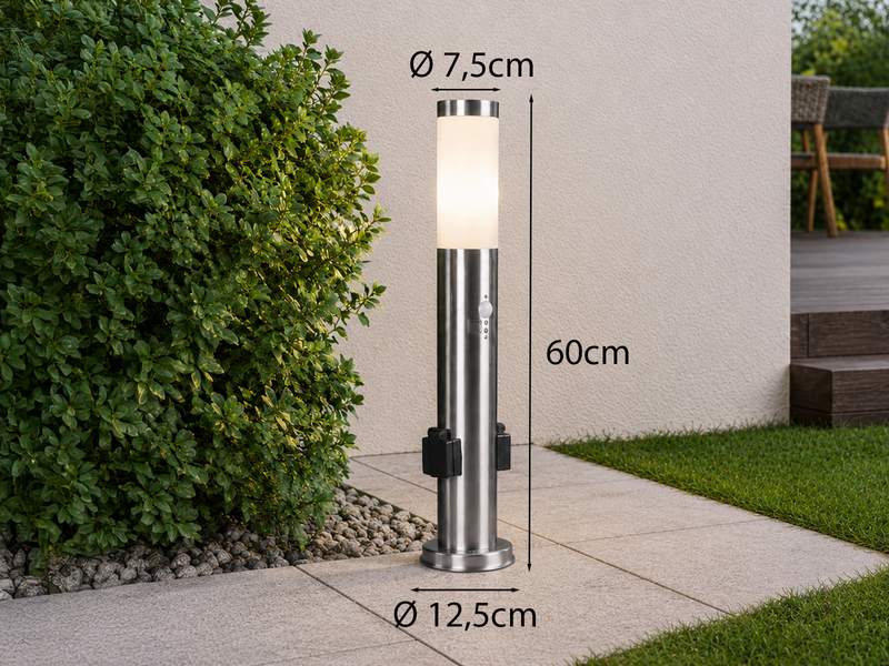 Pollerleuchte RADA aus Edelstahl mit 2 Steckdosen & Bewegungsmelder, Höhe 60cm