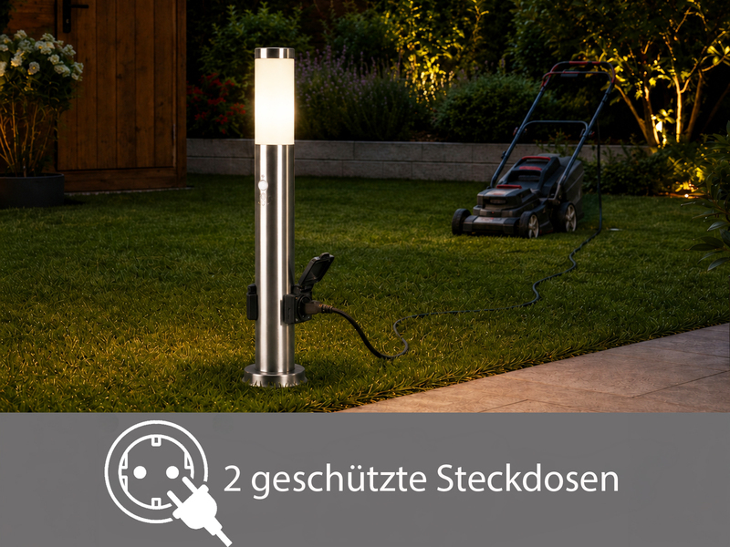 Pollerleuchte RADA aus Edelstahl mit 2 Steckdosen & Bewegungsmelder, Höhe 60cm