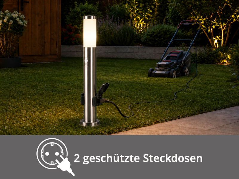 Pollerleuchte RADA aus Edelstahl mit 2 Steckdosen & Bewegungsmelder, Höhe 60cm