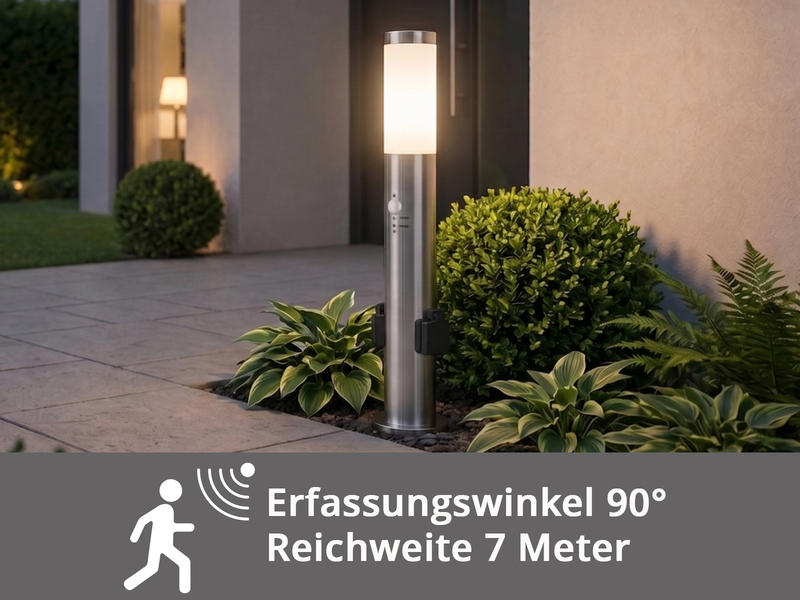 Pollerleuchte RADA aus Edelstahl mit 2 Steckdosen & Bewegungsmelder, Höhe 60cm