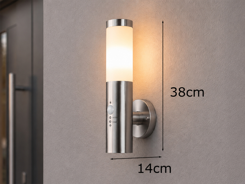 Moderne Außenwandleuchte RADA aus Edelstahl, E27 mit Bewegungsmelder, Höhe 38cm