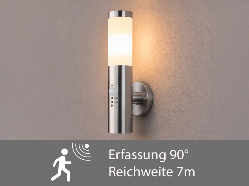 Moderne Außenwandleuchte RADA aus Edelstahl, E27 mit Bewegungsmelder, Höhe 38cm