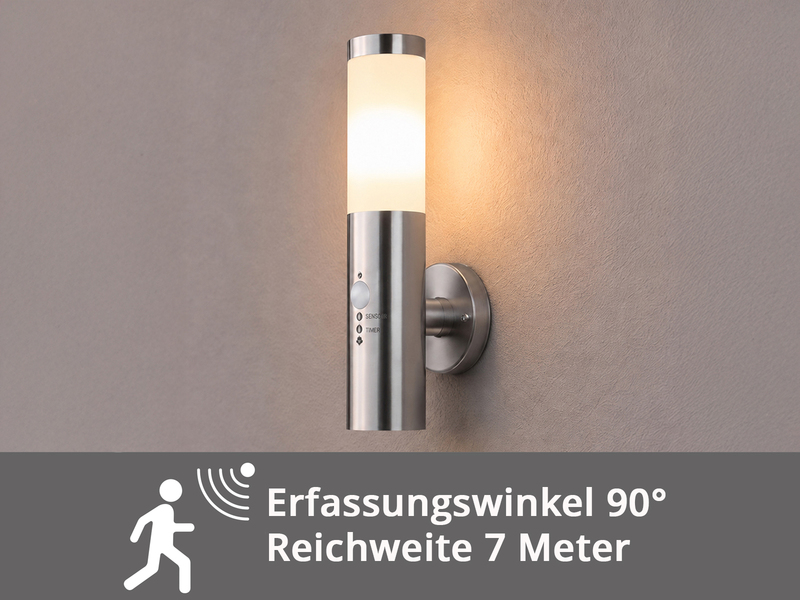 Moderne Außenwandleuchte RADA aus Edelstahl, E27 mit Bewegungsmelder, Höhe 38cm