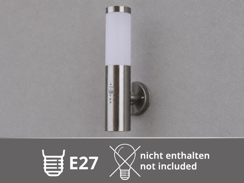 Moderne Außenwandleuchte RADA aus Edelstahl, E27 mit Bewegungsmelder, Höhe 38cm