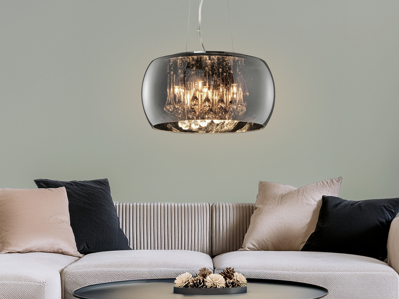 Pendelleuchte VAPORE mit Glas Chrom in Rauchglas Optik & Kristallbehang Ø 40cm