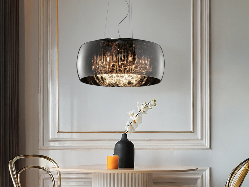 Pendelleuchte VAPORE mit Glas Chrom in Rauchglas Optik & Kristallbehang Ø 50cm