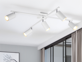 Deckenstrahler Weiß 5-flammig, schwenkbar mit GU10 LED, Breite 77,5cm Deckenstrahler Weiß 5-flammig, schwenkbar mit GU10 LED, Breite 77,5cm