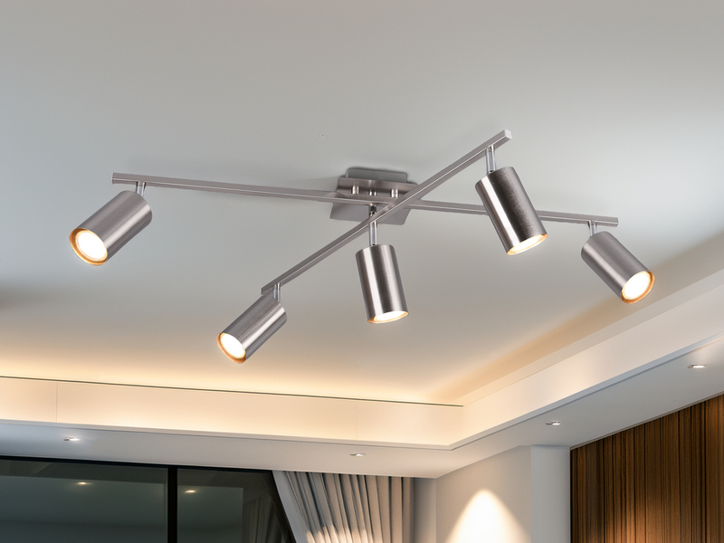 LED Deckenstrahler Silber 5-flammig, verstellbare Spots, Breite 77,5cm