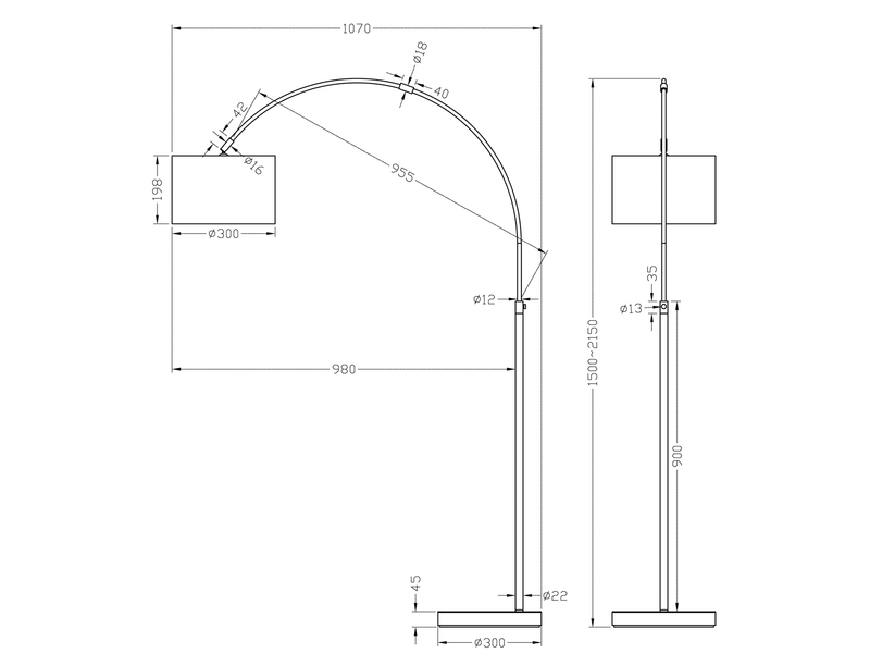 Große Bogenlampe höhenverstellbar von 150-215cm, Stoffschirm Weiß mit E27 LED