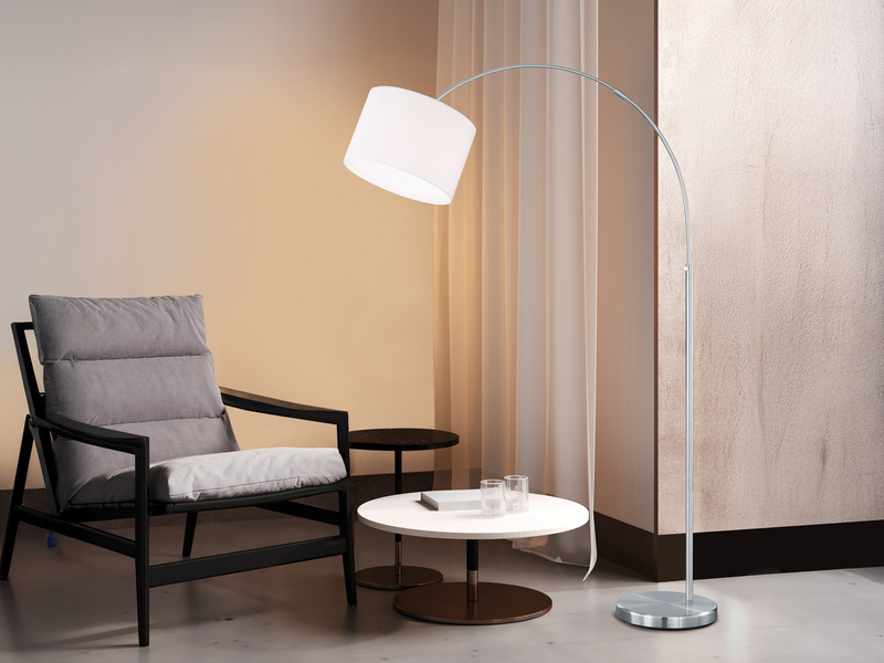 Große Bogenlampe höhenverstellbar von 150-215cm, Stoffschirm Weiß mit E27 LED