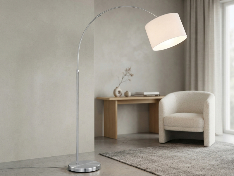 Große Bogenlampe höhenverstellbar von 150-215cm, Stoffschirm Weiß mit E27 LED