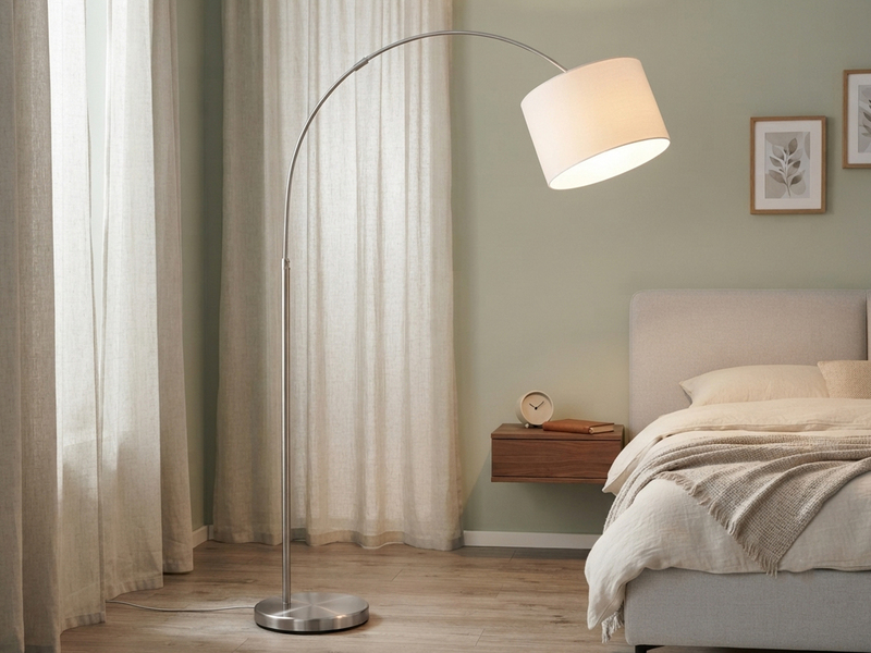 Große Bogenlampe höhenverstellbar von 150-215cm, Stoffschirm Weiß mit E27 LED