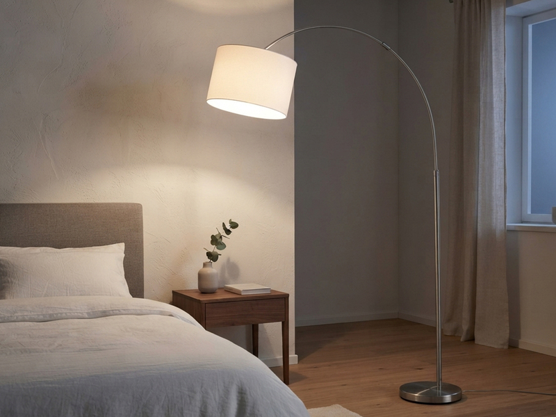 Große Bogenlampe höhenverstellbar von 150-215cm, Stoffschirm Weiß mit E27 LED