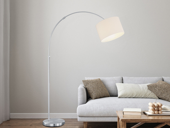LED Bogenleuchte mit höhenverstellbarem Stoff Lampenschirm Ø 30cm in Weiß